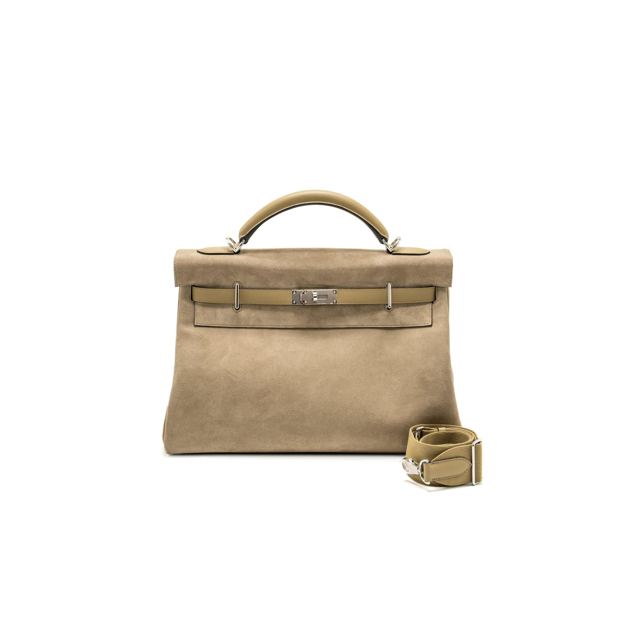 HERMES MASTER MAXI KELLY 42 GRIS CAILLOU GRIZZLY SUEDE AND BEIGE MARFA SWIFT (42*27*17cm)